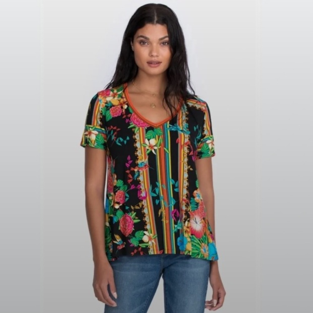 Johnn Was Andra Favorite Swing Bamboo Tee Blouse Womens Medium Floral Vibrant